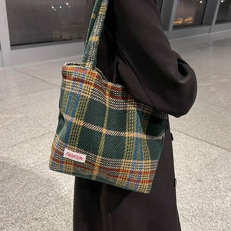 Plaid Wool Shoulder Bag for Women Large Capacity Handbag
