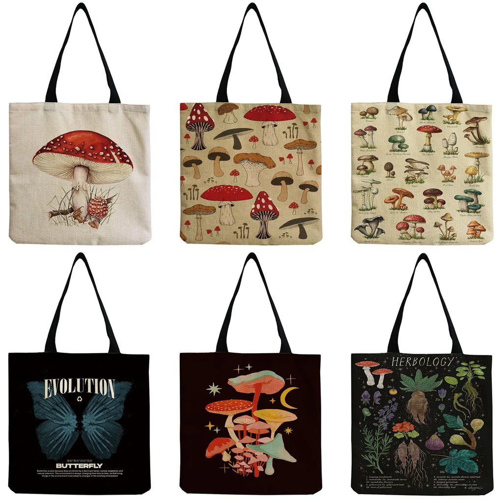 Cartoon Mushroom Printed Beach Shoulder Bag High Capacity Handbag