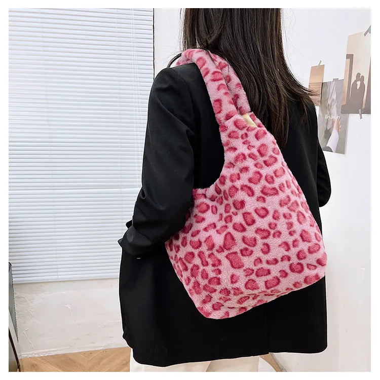Leopard Pattern Ladies Purse Tote Handbags Faux Fur Plush Underarm Bags