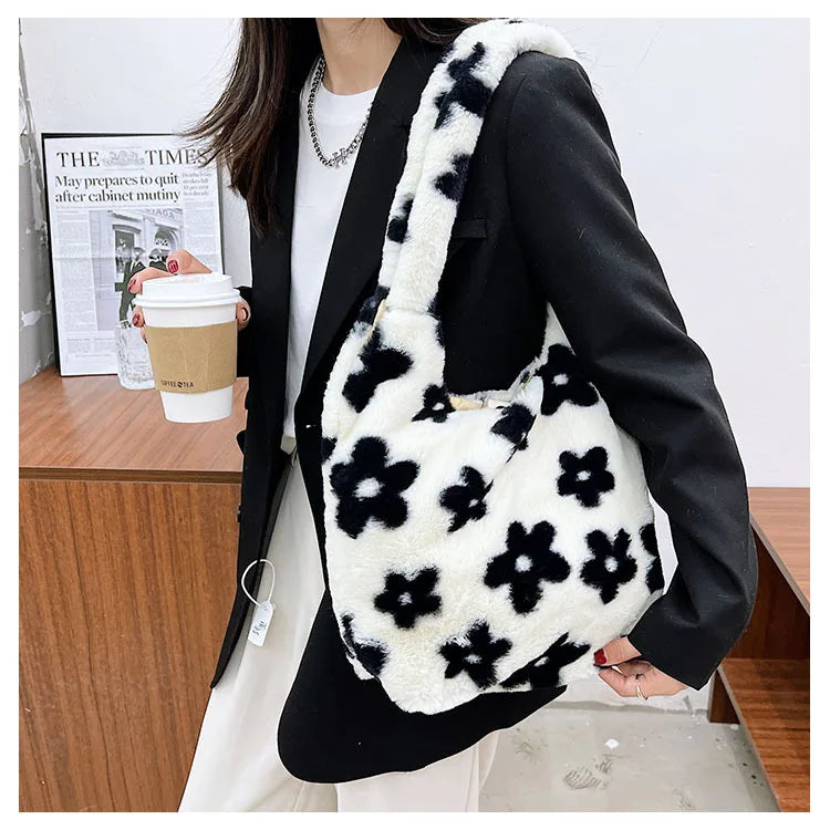 Leopard Pattern Ladies Purse Tote Handbags Faux Fur Plush Underarm Bags