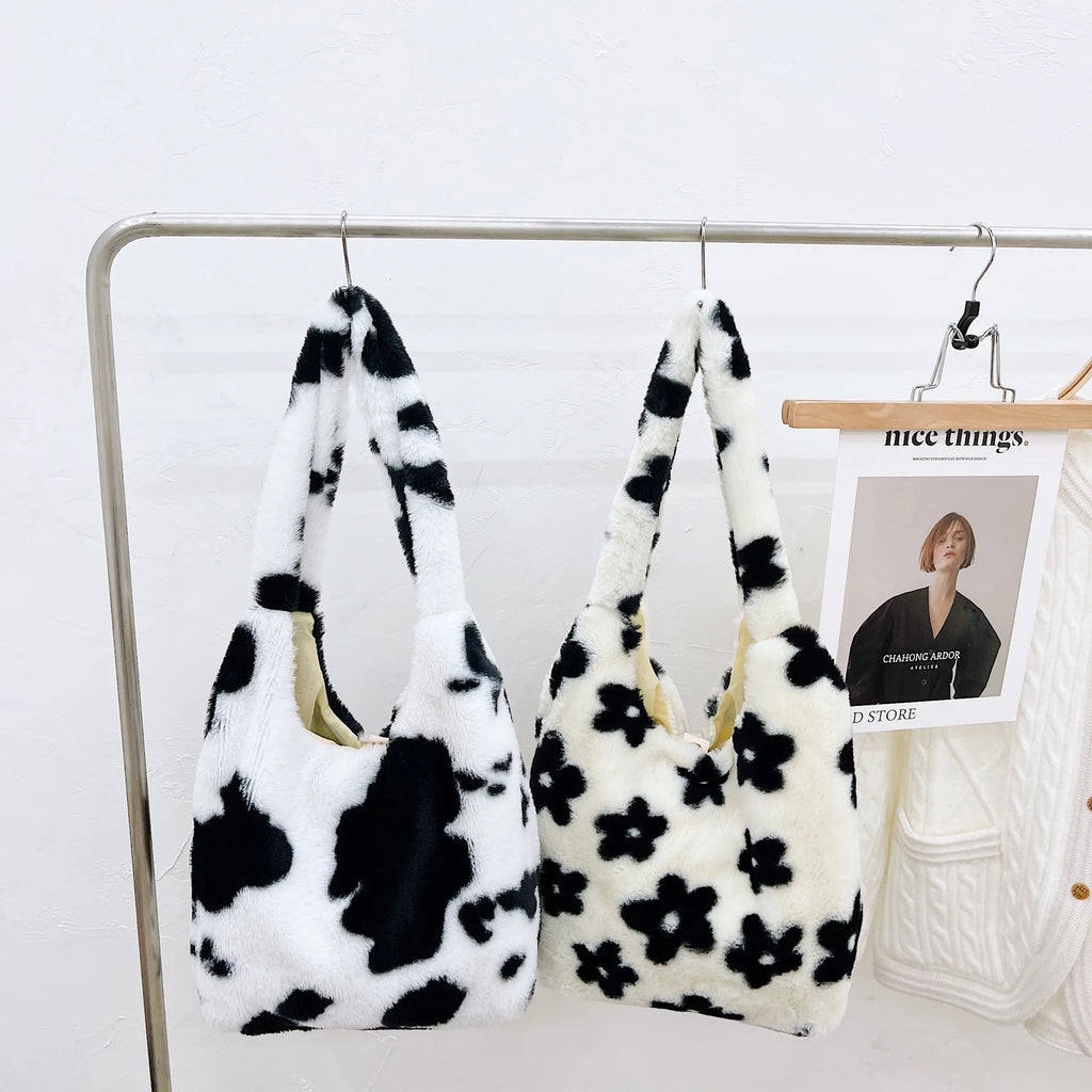 Leopard Pattern Ladies Purse Tote Handbags Faux Fur Plush Underarm Bags