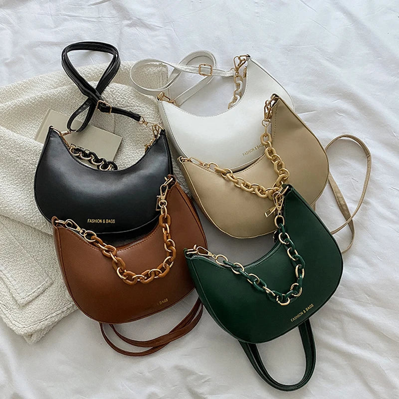 Chain Shoulder Bags For Women Solid Pu Leather Crossbody Bags