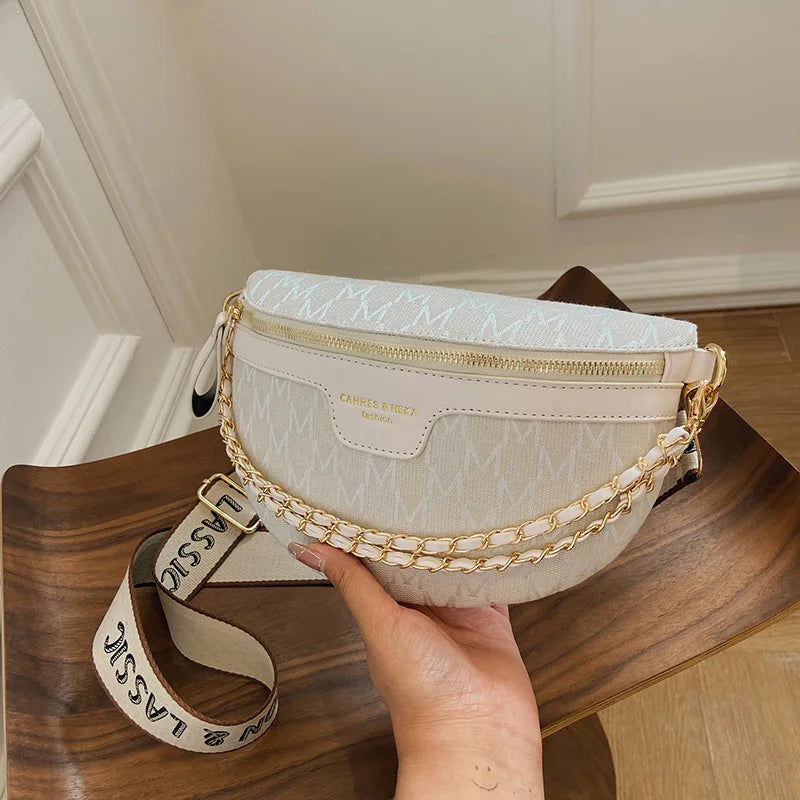 Leather Chain Waist Bag Female Waist Pack Ladies Wide Strap