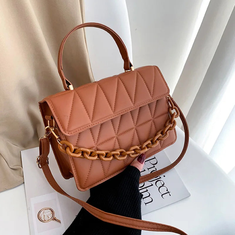 Plaid Shoulder Bag Chain Crossbody Handbag with Flap Top Handle
