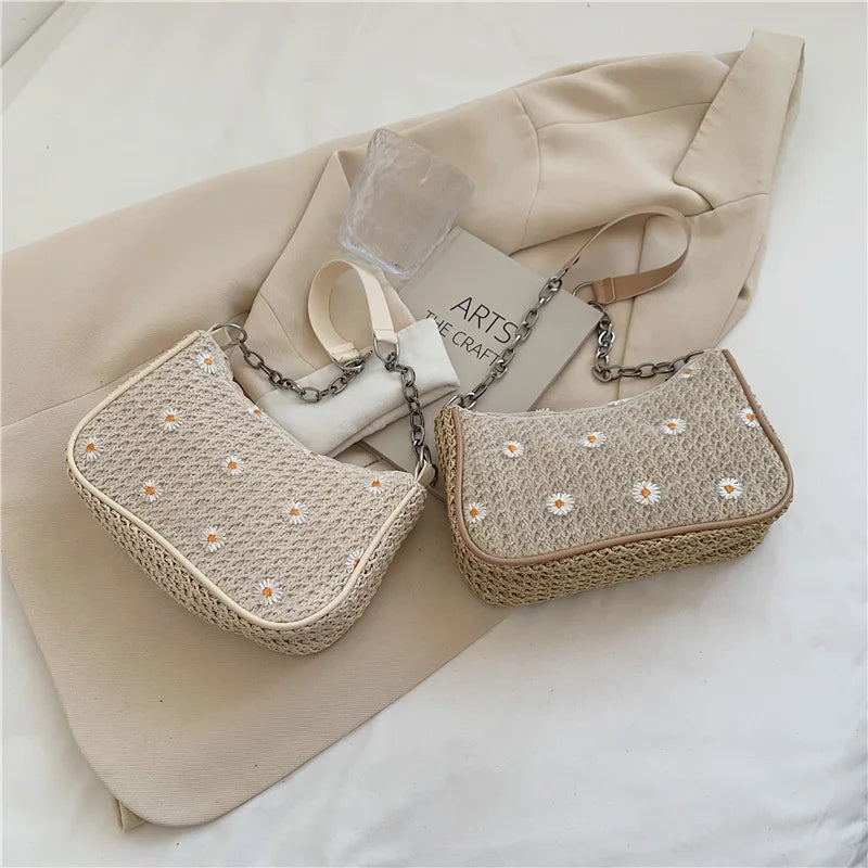 Underarm Straw Bags Lace Chain Shoulder Bag Women Texture Zipper Handbags