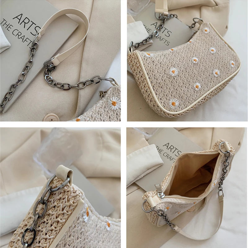 Underarm Straw Bags Lace Chain Shoulder Bag Women Texture Zipper Handbags