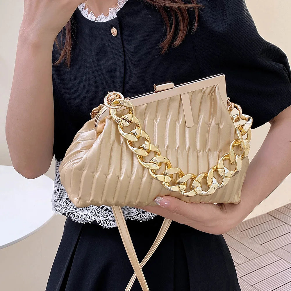 Triangle Pleat Ladies Handbags Thick Chain Female Clutch Bag PU Leather