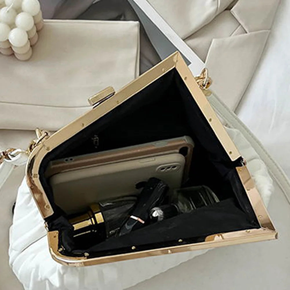 Triangle Pleat Ladies Handbags Thick Chain Female Clutch Bag PU Leather