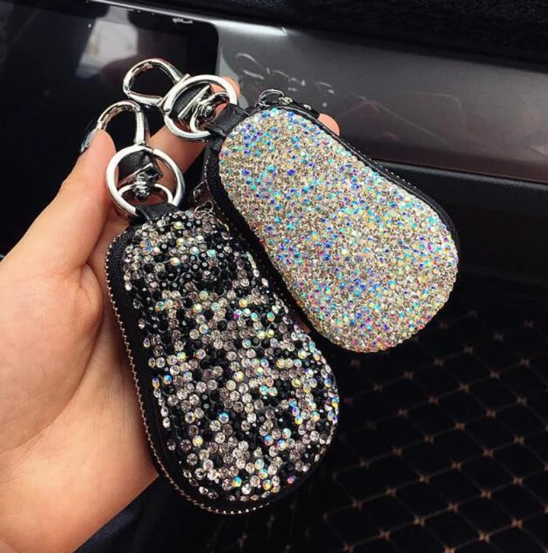Diamond PU Leather Car Key Cover for Girl Woman with Keycha