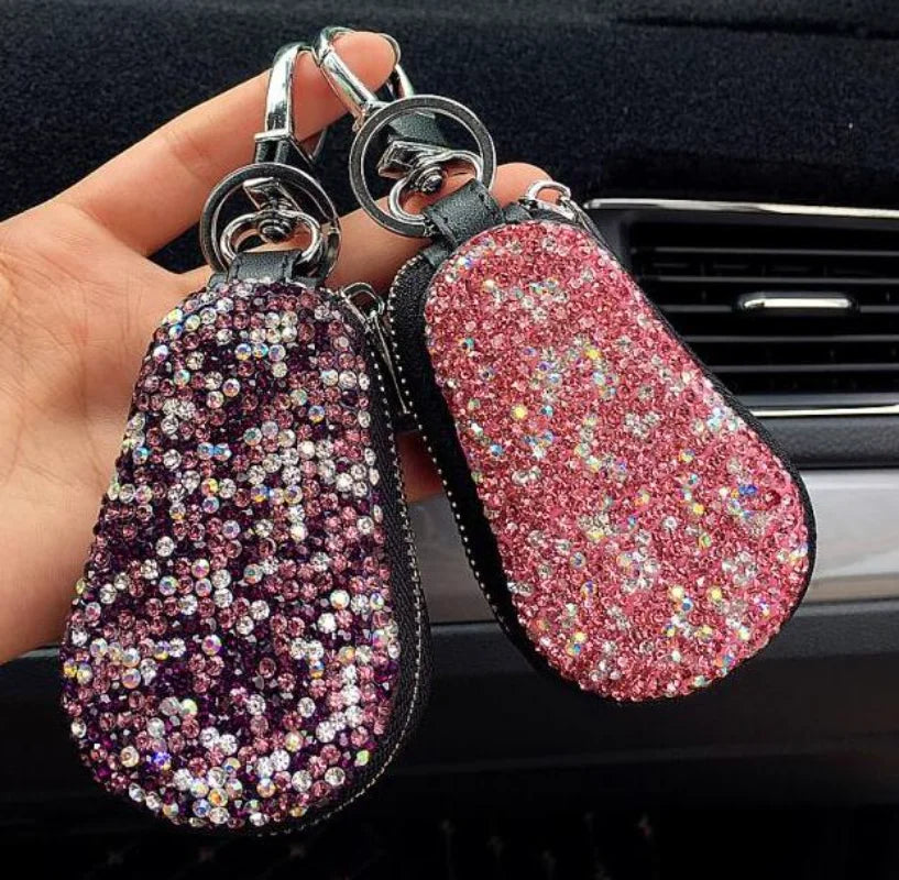 Diamond PU Leather Car Key Cover for Girl Woman with Keycha
