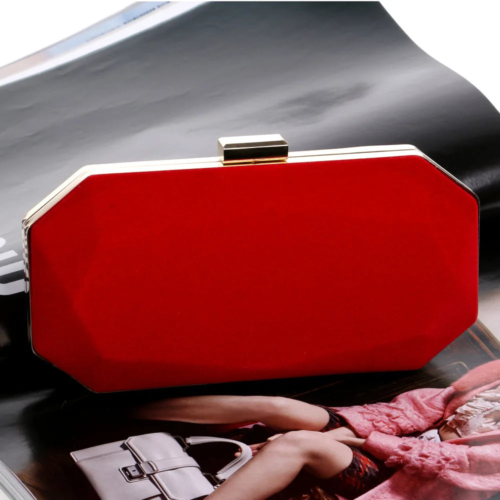 Red Velvet Evening Clutch Bag with Chain Strap for Wedding Party