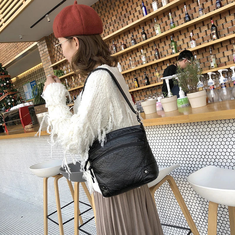 Vintage Shoulder Bag Women Soft Washed PU Leather Crossbody Bag