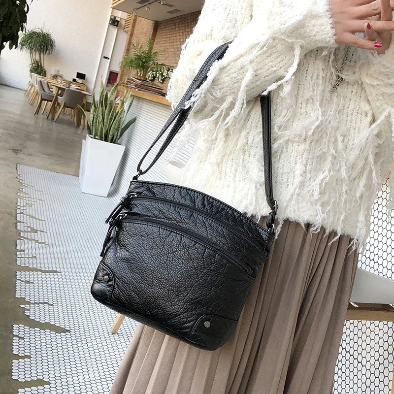 Vintage Shoulder Bag Women Soft Washed PU Leather Crossbody Bag