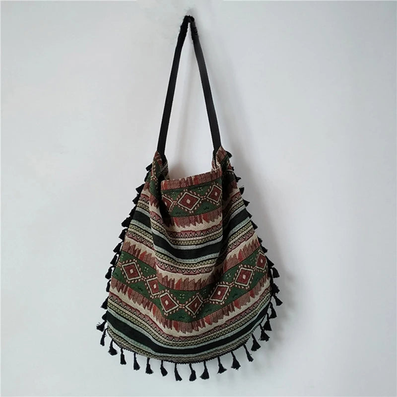 Boho Tassel Shoulder Bag Fringed Stripe Handbag