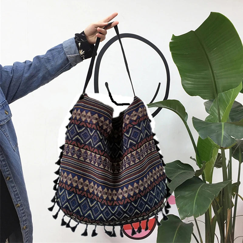 Boho Tassel Shoulder Bag Fringed Stripe Handbag