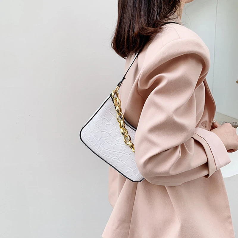 Vintage Crocodile Print Pu Shoulder Bag Woman Acrylic Chain Women's Handbag