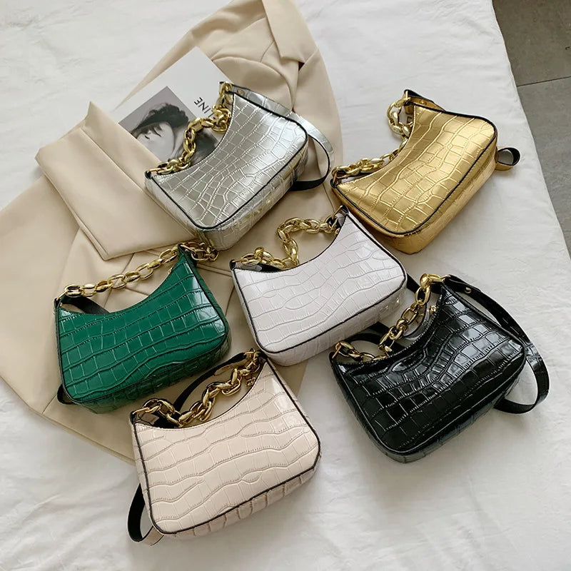 Vintage Crocodile Print Pu Shoulder Bag Woman Acrylic Chain Women's Handbag