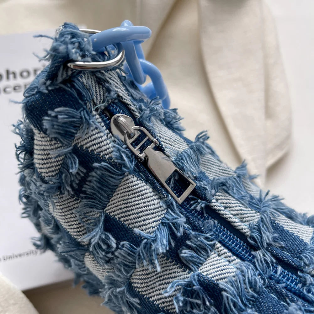 Vintage Denim Women Shoulder Bag with Acrylic Chain