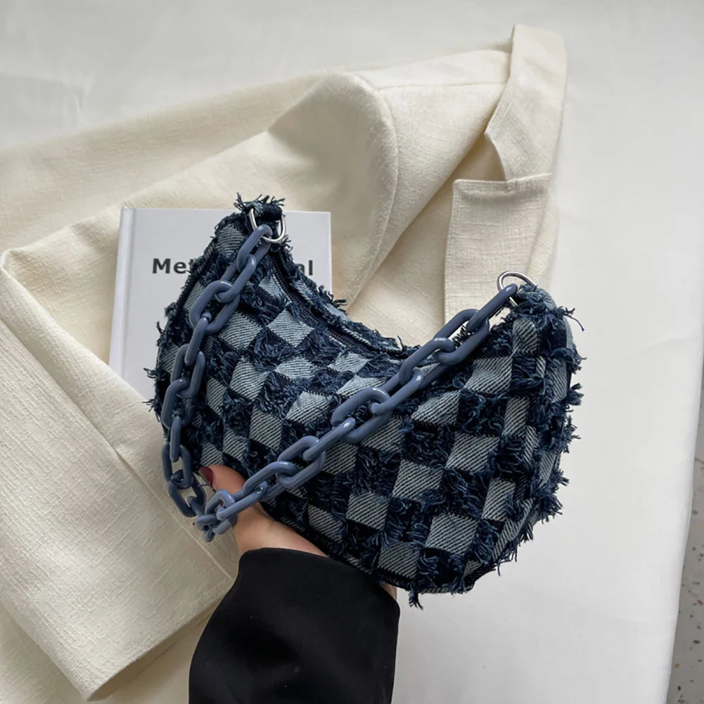 Vintage Denim Women Shoulder Bag with Acrylic Chain