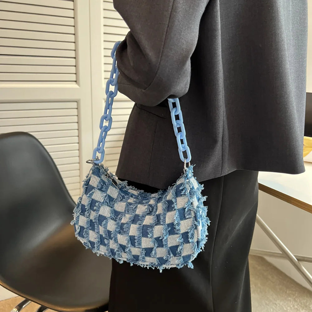 Vintage Denim Women Shoulder Bag with Acrylic Chain