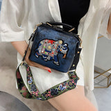 Vintage Embroidery Elephant Bag Wide Strap PU Leather Women Shoulder Bag