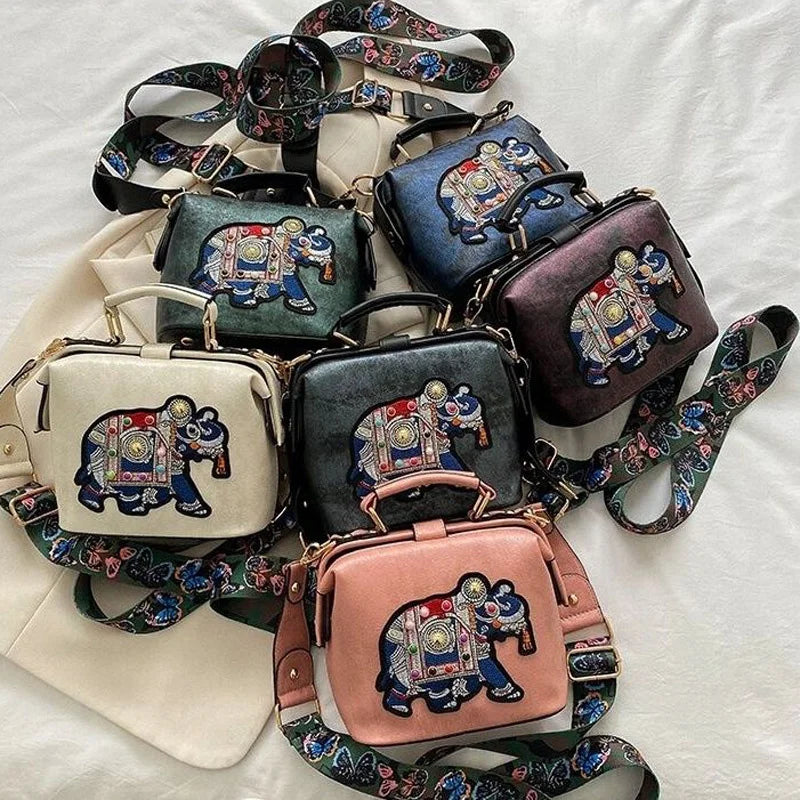 Vintage Embroidery Elephant Bag Wide Strap PU Leather Women Shoulder Bag