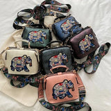 Vintage Embroidery Elephant Bag Wide Strap PU Leather Women Shoulder Bag