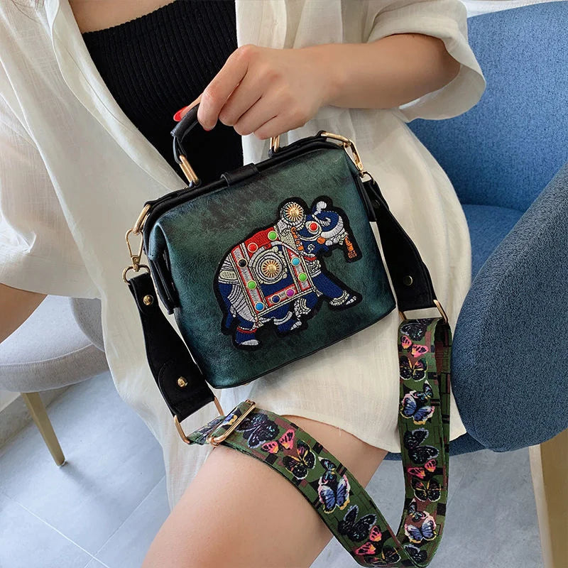 Vintage Embroidery Elephant Bag Wide Strap PU Leather Women Shoulder Bag