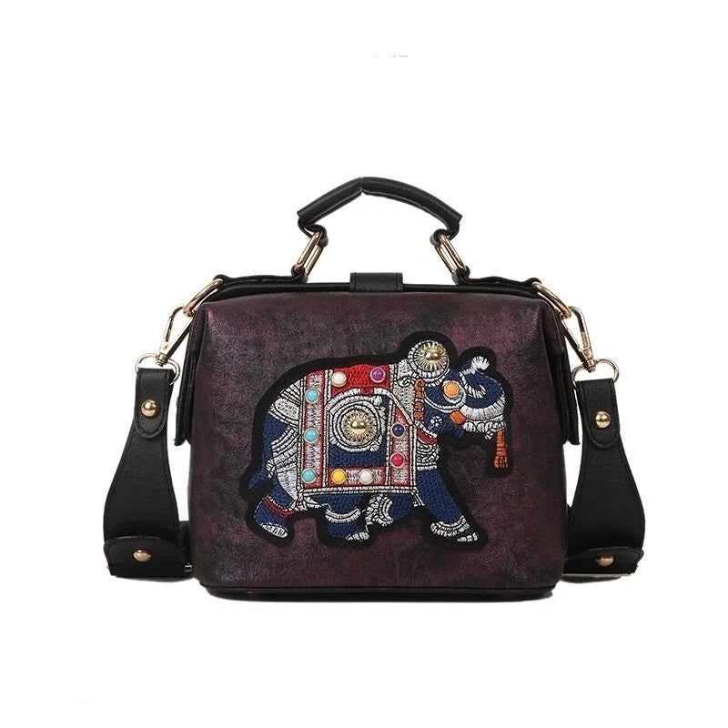 Vintage Embroidery Elephant Bag Wide Strap PU Leather Women Shoulder Bag