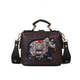 Vintage Embroidery Elephant Bag Wide Strap PU Leather Women Shoulder Bag