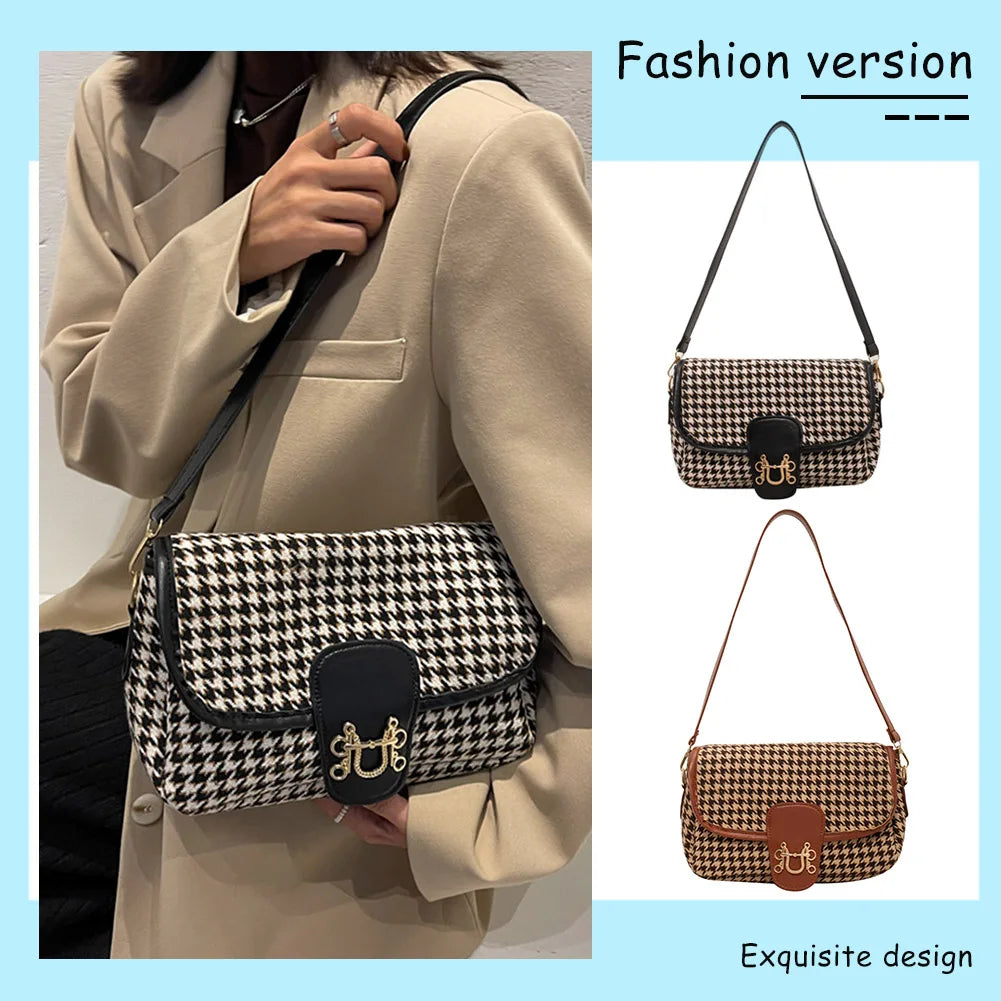 Vintage Houndstooth Print Women Shoulder Bag Woolen Cloth Crossbody Bags