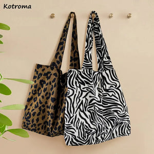 Vintage Leopard Corduroy Shoulder Bags Women Large Capacity School Pouch