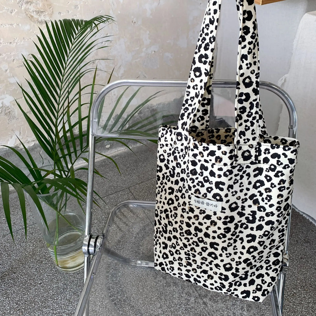 Leopard Print Canvas Shoulder Bag Women's Casual Large Capacity Shopping Bag
