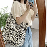 Leopard Print Canvas Shoulder Bag Women's Casual Large Capacity Shopping Bag