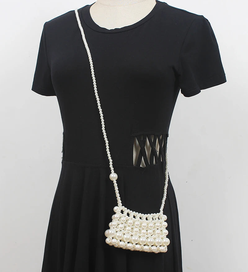 Vintage Mini Pearl Weaving Crossbody Bag with Butterfly Flap