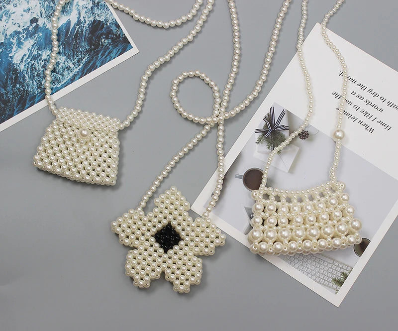 Vintage Mini Pearl Weaving Crossbody Bag with Butterfly Flap
