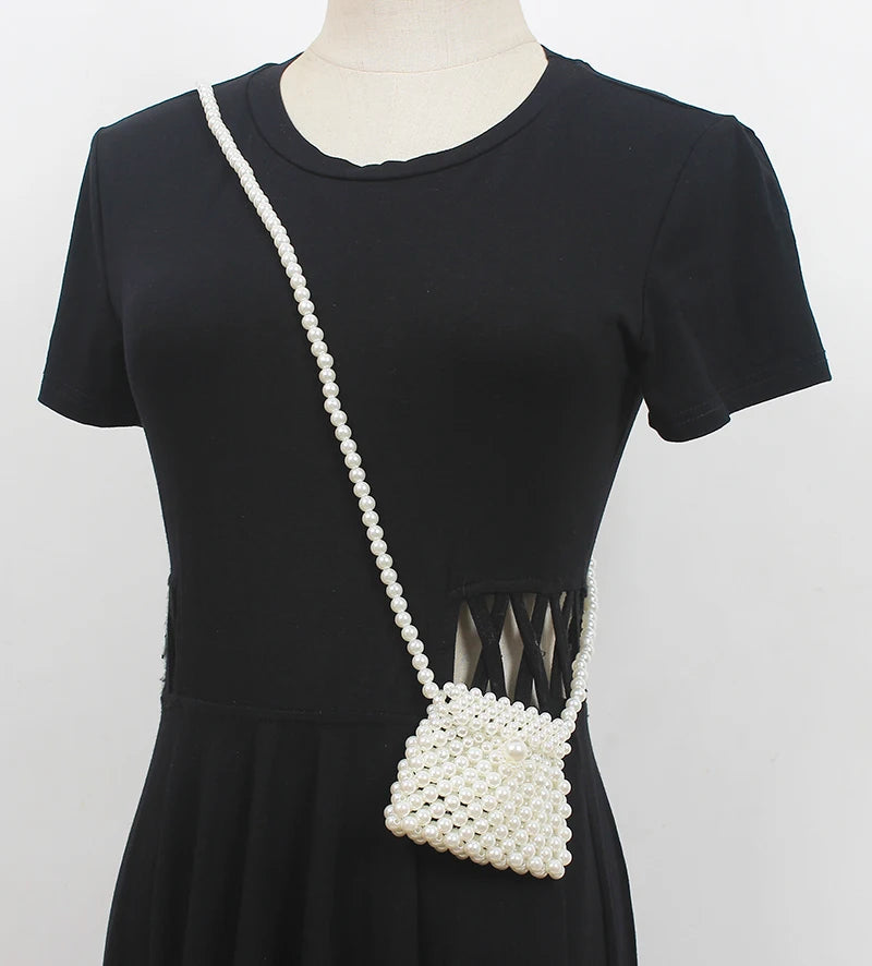 Vintage Mini Pearl Weaving Crossbody Bag with Butterfly Flap
