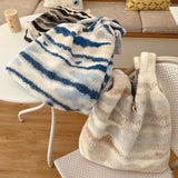 Vintage Plush Women's Shoulder Bag Sea Ink Pattern Faux Fur Handbag