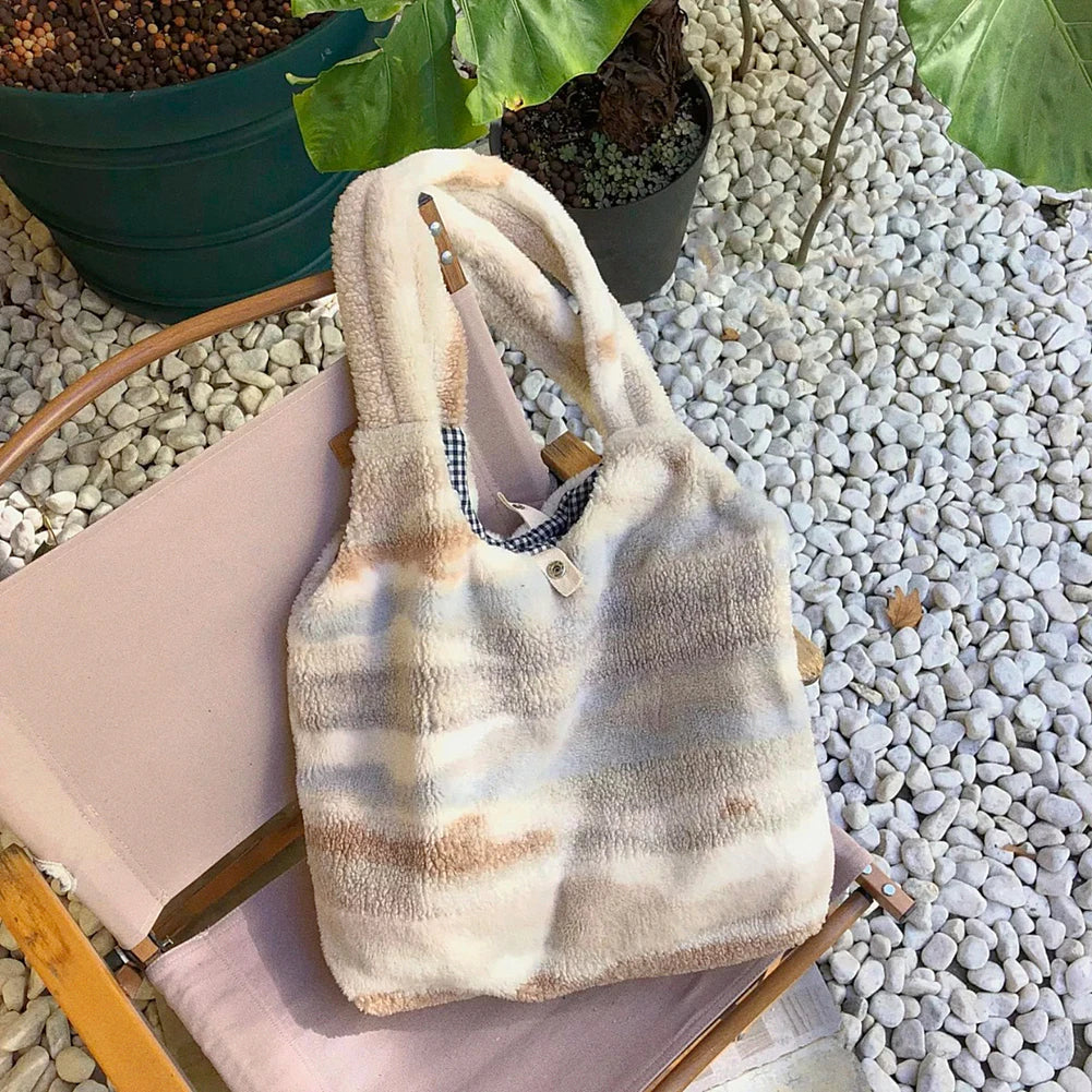 Vintage Plush Women's Shoulder Bag Sea Ink Pattern Faux Fur Handbag