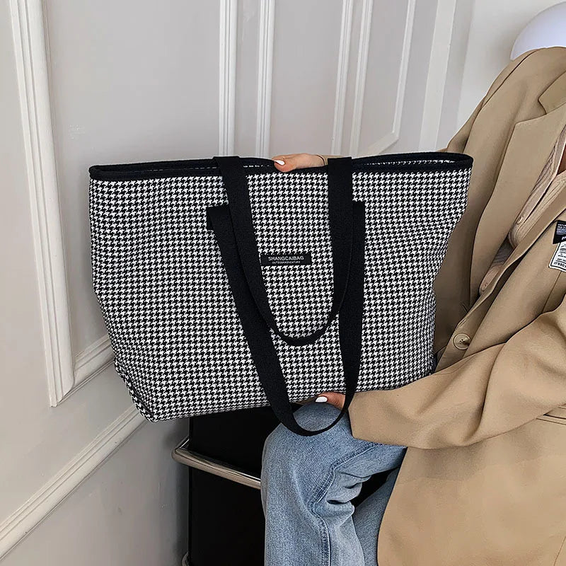 Vintage Houndstooth Tote Bag Women's Large Capacity Shoulder Bag