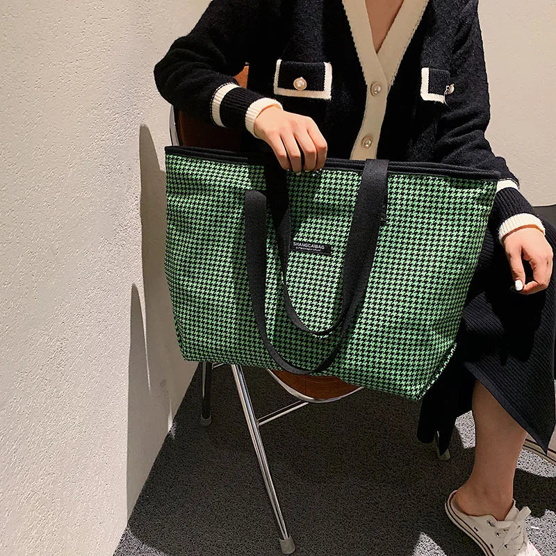 Vintage Houndstooth Tote Bag Women's Large Capacity Shoulder Bag