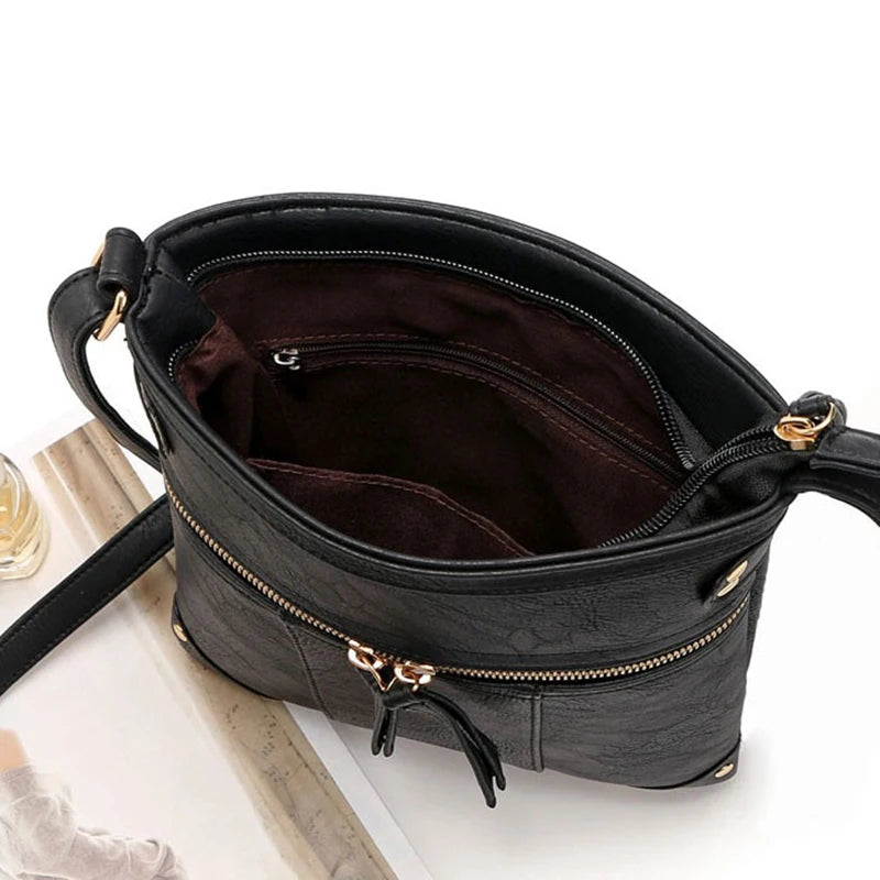 Vintage Women Bag Double Zipper Crossbody Messenger Bags PU Leather Shoulder Bag