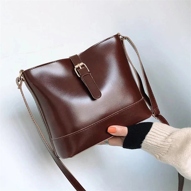 Vintage Women PU Leather Bucket Bag Shoulder Bag