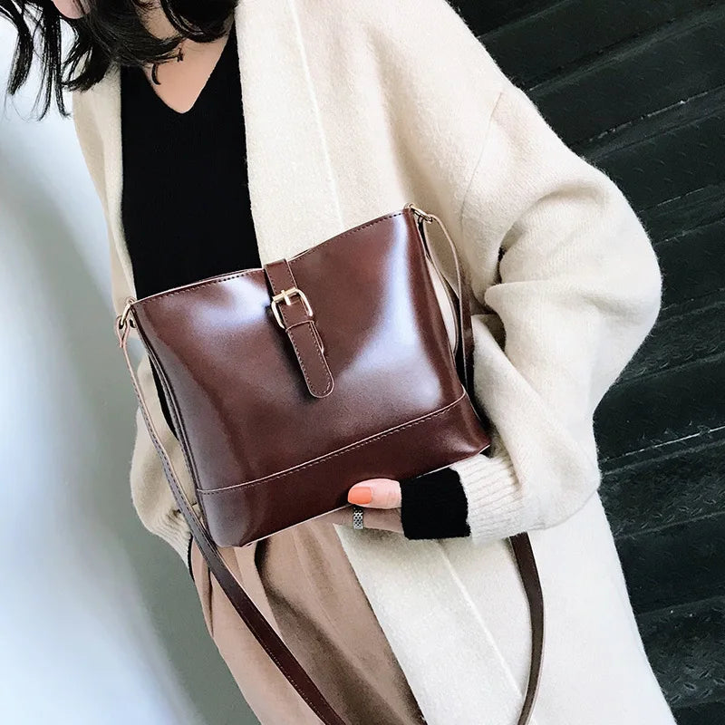 Vintage Women PU Leather Bucket Bag Shoulder Bag