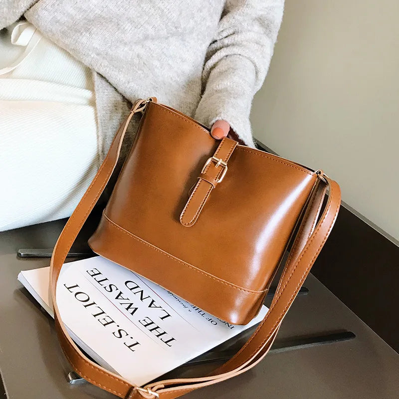 Vintage Women PU Leather Bucket Bag Shoulder Bag