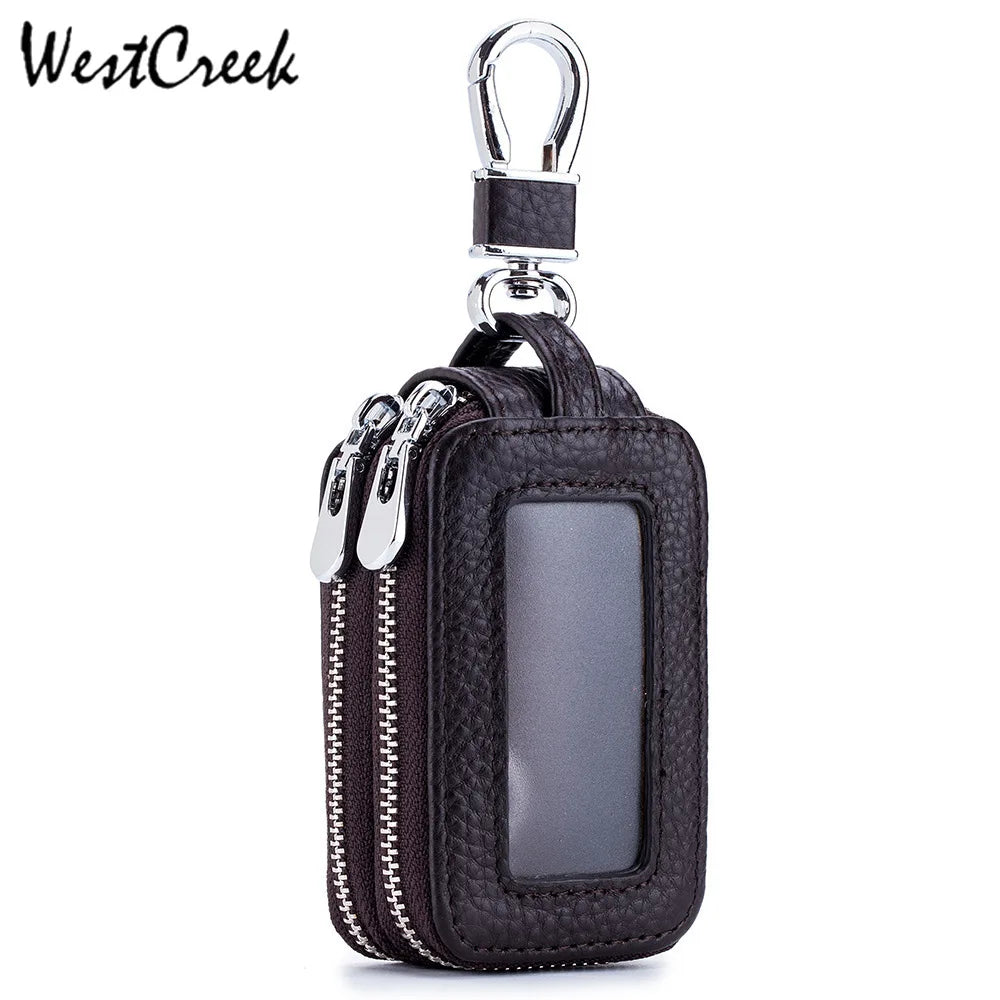 Litchi Cowhide Car Key Wallet Double Zipper Organizer Key Chain Holder