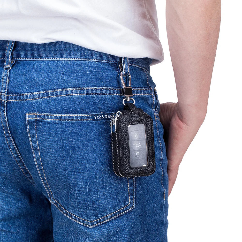 Litchi Cowhide Car Key Wallet Double Zipper Organizer Key Chain Holder