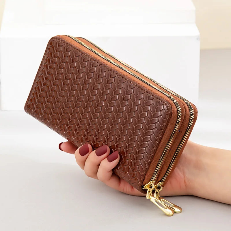 Woven Pattern Leather Wallet, Large Capacity Clutch
