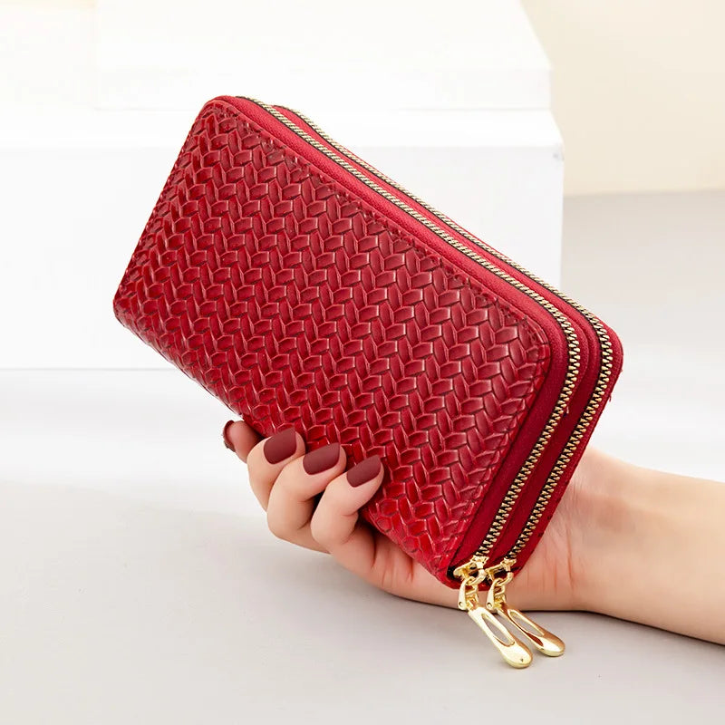 Woven Pattern Leather Wallet, Large Capacity Clutch