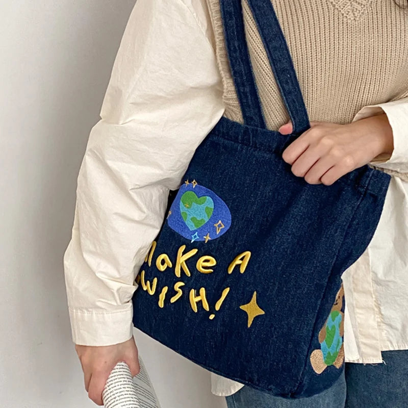 Vintage Embroidered Letters Tote Shoulder Bag